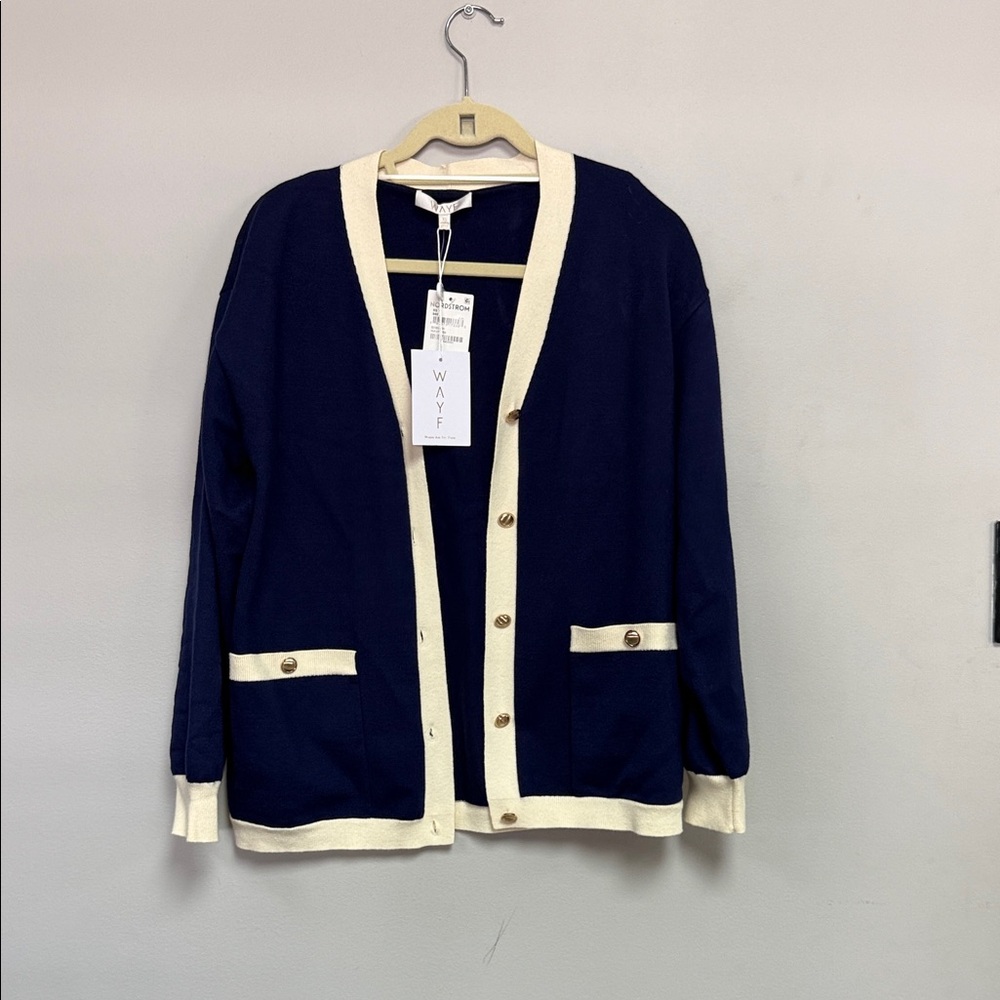 Wayf Navy and Cream Button-Up Cardigan